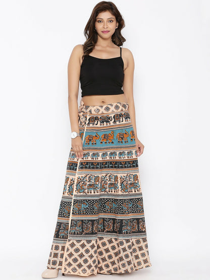 Beige & Black Printed Boho Wrap Around Maxi Skirt for Women | Vintage Bohemian Style