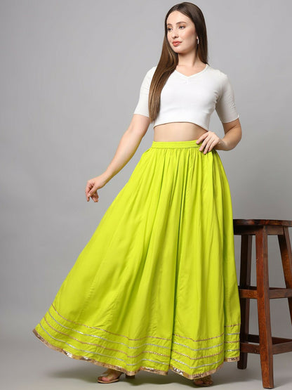 Vintage Bohemian Green Embellished Flared Maxi Skirt for Women | Boho Style with Elastic Waistband