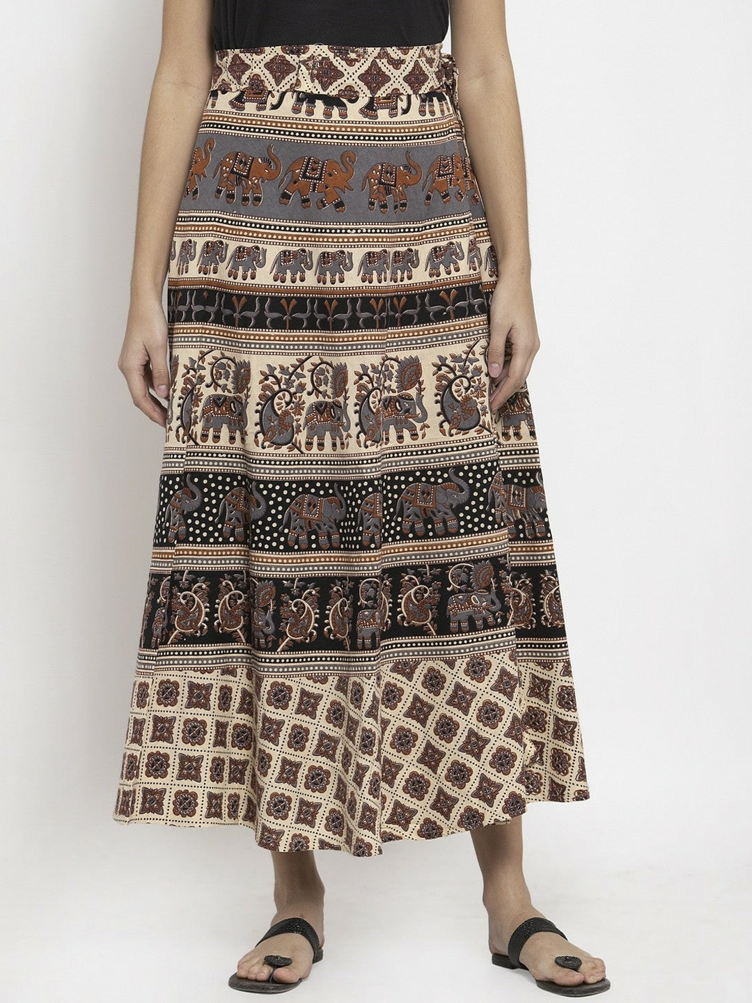 Vintage Boho Beige & Grey Printed Wrap-Around Maxi Skirt for Women | Bohemian Style with Tie-Up Waistband