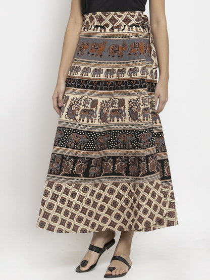 Vintage Boho Beige & Grey Printed Wrap-Around Maxi Skirt for Women | Bohemian Style with Tie-Up Waistband