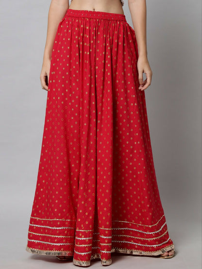 Red Bohemian Printed Maxi Skirt for Women | Flared Vintage Style with Elastic Waistband