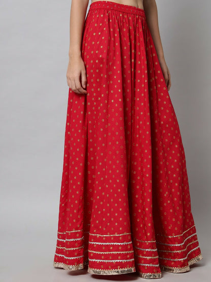 Red Bohemian Printed Maxi Skirt for Women | Flared Vintage Style with Elastic Waistband