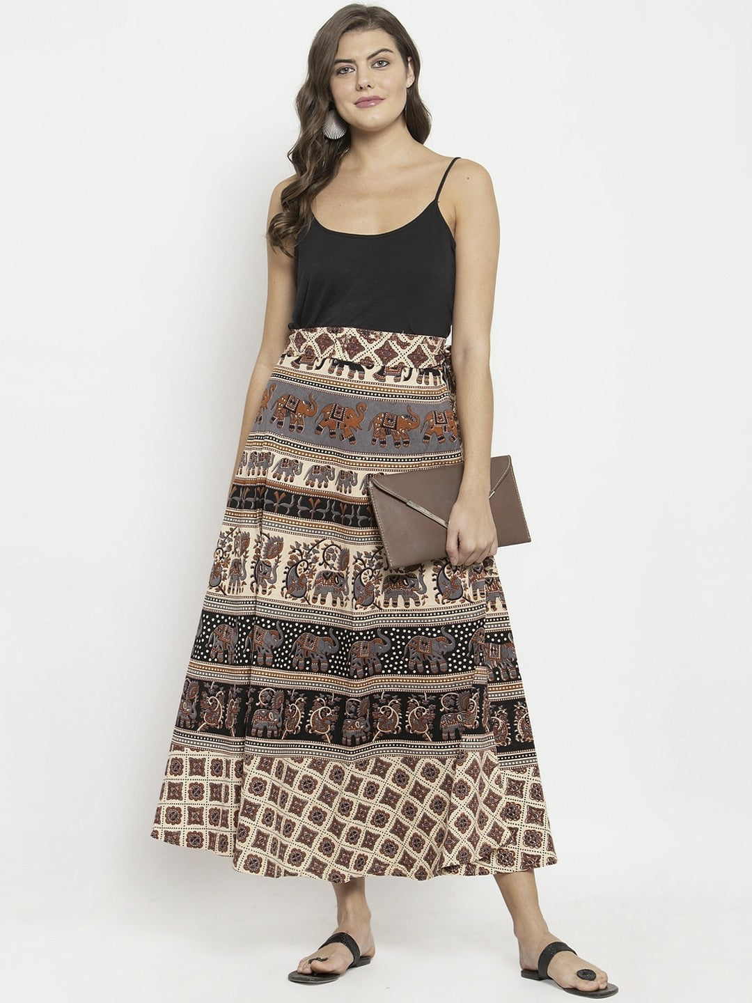 Vintage Boho Beige & Grey Printed Wrap-Around Maxi Skirt for Women | Bohemian Style with Tie-Up Waistband