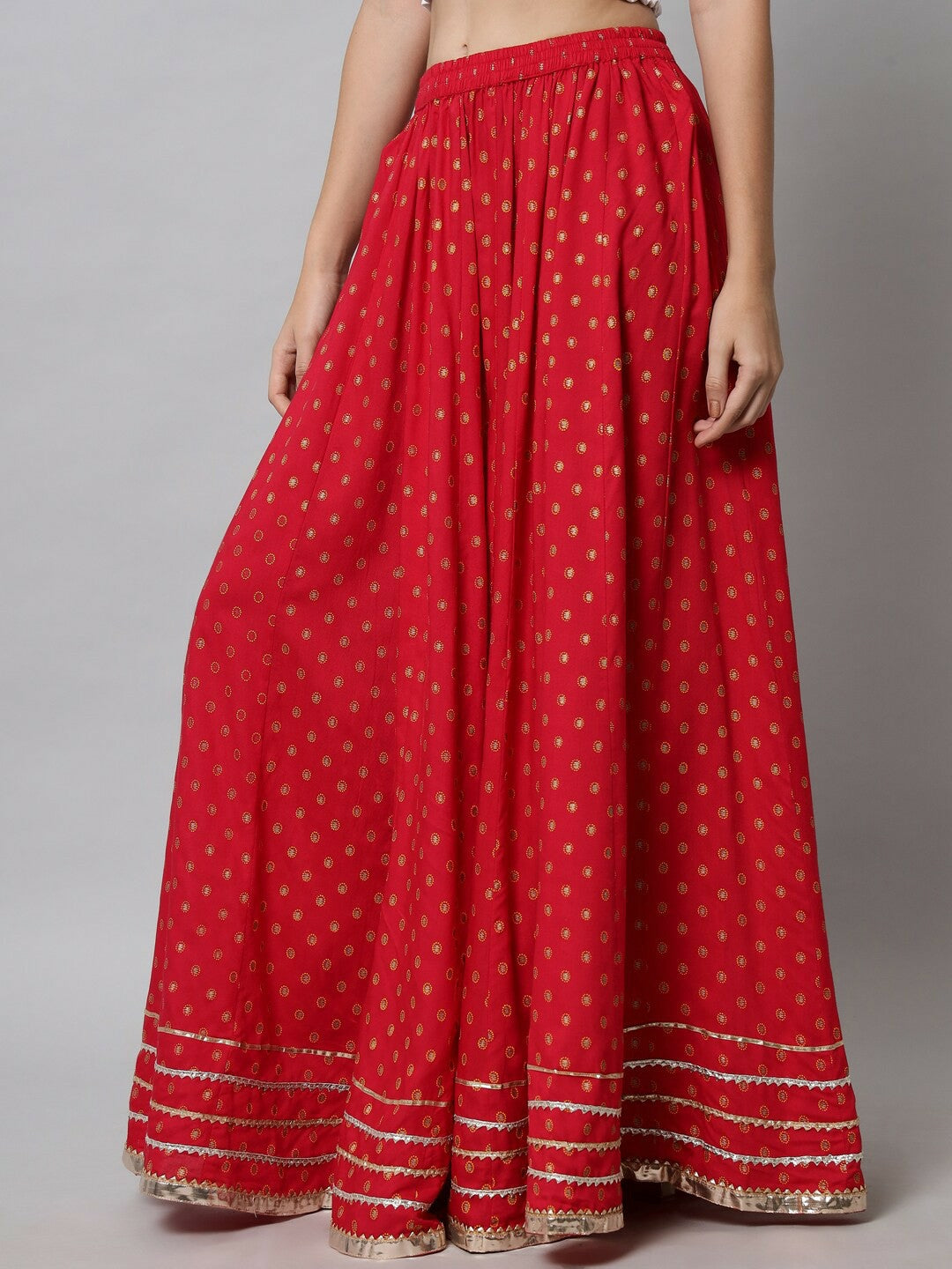 Red Bohemian Printed Maxi Skirt for Women | Flared Vintage Style with Elastic Waistband