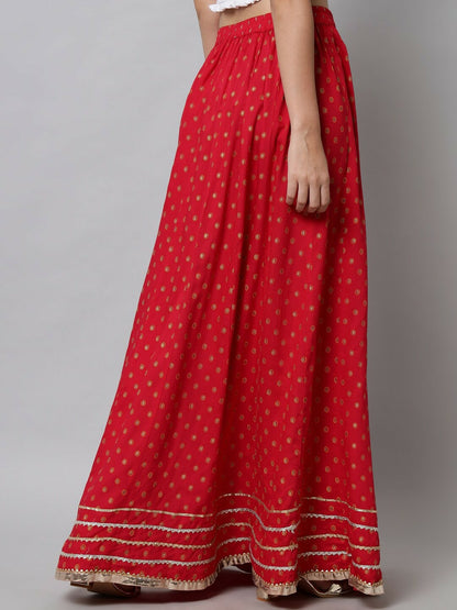 Red Bohemian Printed Maxi Skirt for Women | Flared Vintage Style with Elastic Waistband