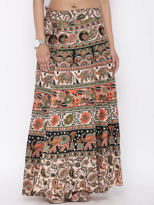 Boho Vintage Beige & Green Printed Cotton Wrap Around Skirt for Women | Maxi Skirt with Drawstring