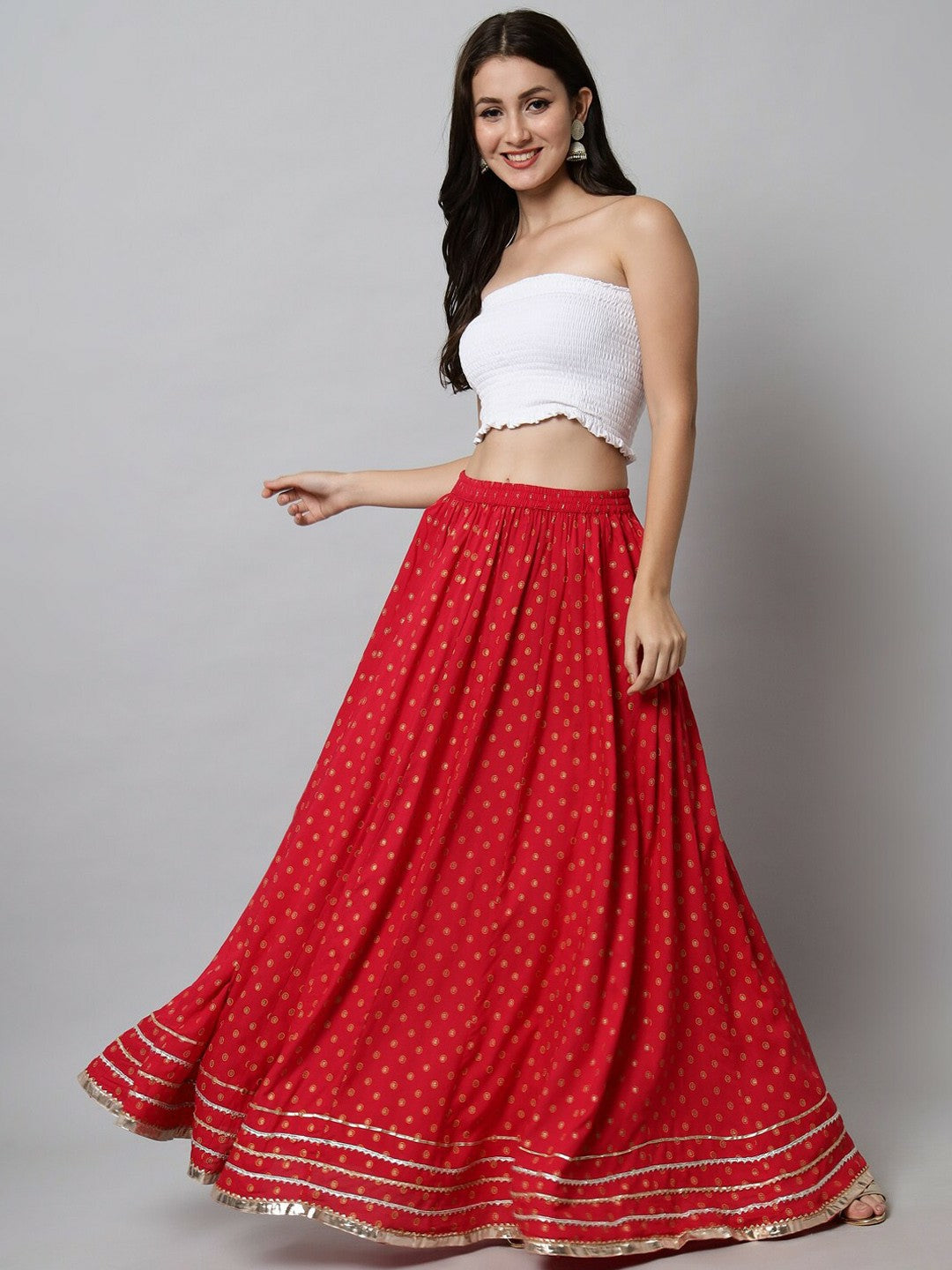 Red Bohemian Printed Maxi Skirt for Women | Flared Vintage Style with Elastic Waistband