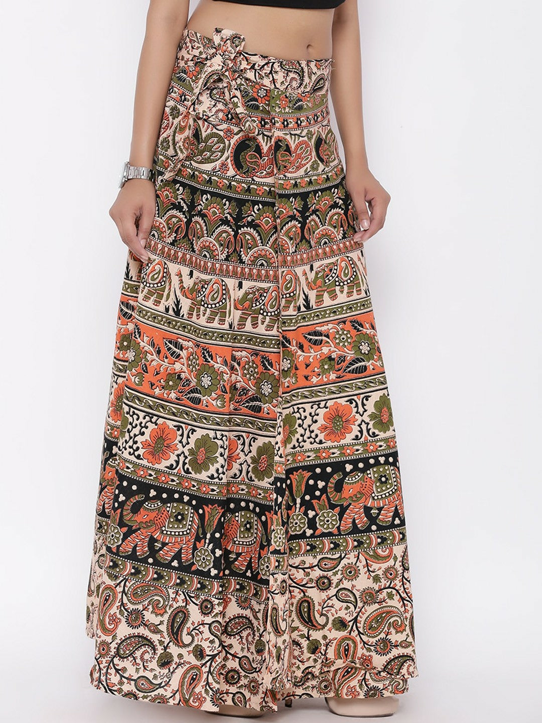 Boho Vintage Beige & Green Printed Cotton Wrap Around Skirt for Women | Maxi Skirt with Drawstring