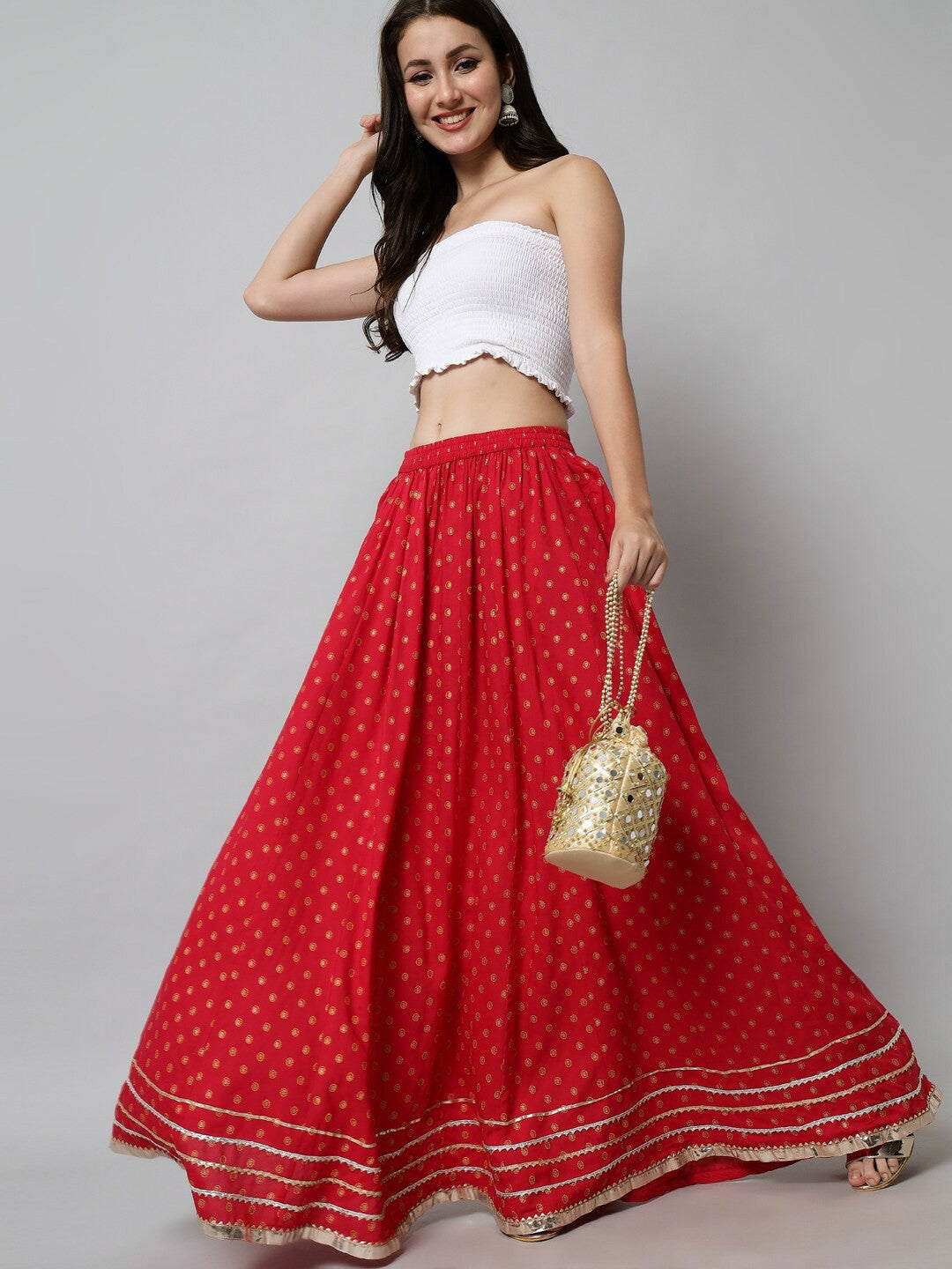 Red Bohemian Printed Maxi Skirt for Women | Flared Vintage Style with Elastic Waistband