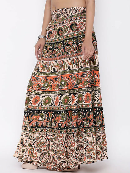 Boho Vintage Beige & Green Printed Cotton Wrap Around Skirt for Women | Maxi Skirt with Drawstring