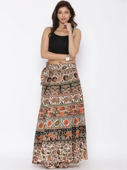 Boho Vintage Beige & Green Printed Cotton Wrap Around Skirt for Women | Maxi Skirt with Drawstring