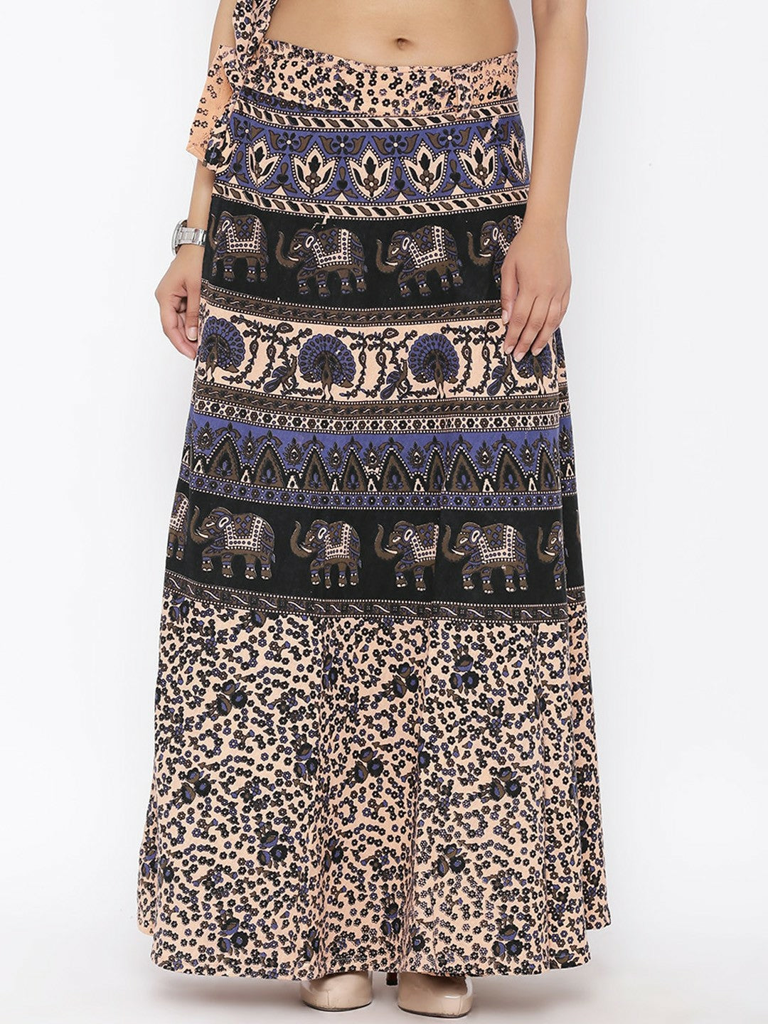 Women’s Beige Printed Boho Maxi Wrap Skirt | Vintage Bohemian Cotton Skirt with Adjustable Waist