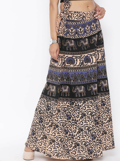 Women’s Beige Printed Boho Maxi Wrap Skirt | Vintage Bohemian Cotton Skirt with Adjustable Waist