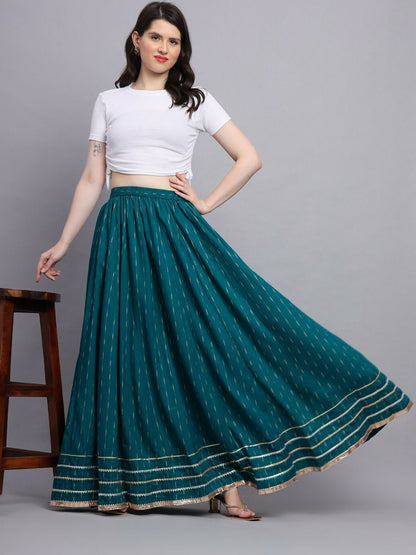 Turquoise Blue Striped Boho Flared Maxi Skirt for Women | Vintage Bohemian Style