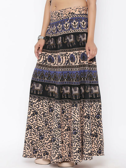 Women’s Beige Printed Boho Maxi Wrap Skirt | Vintage Bohemian Cotton Skirt with Adjustable Waist