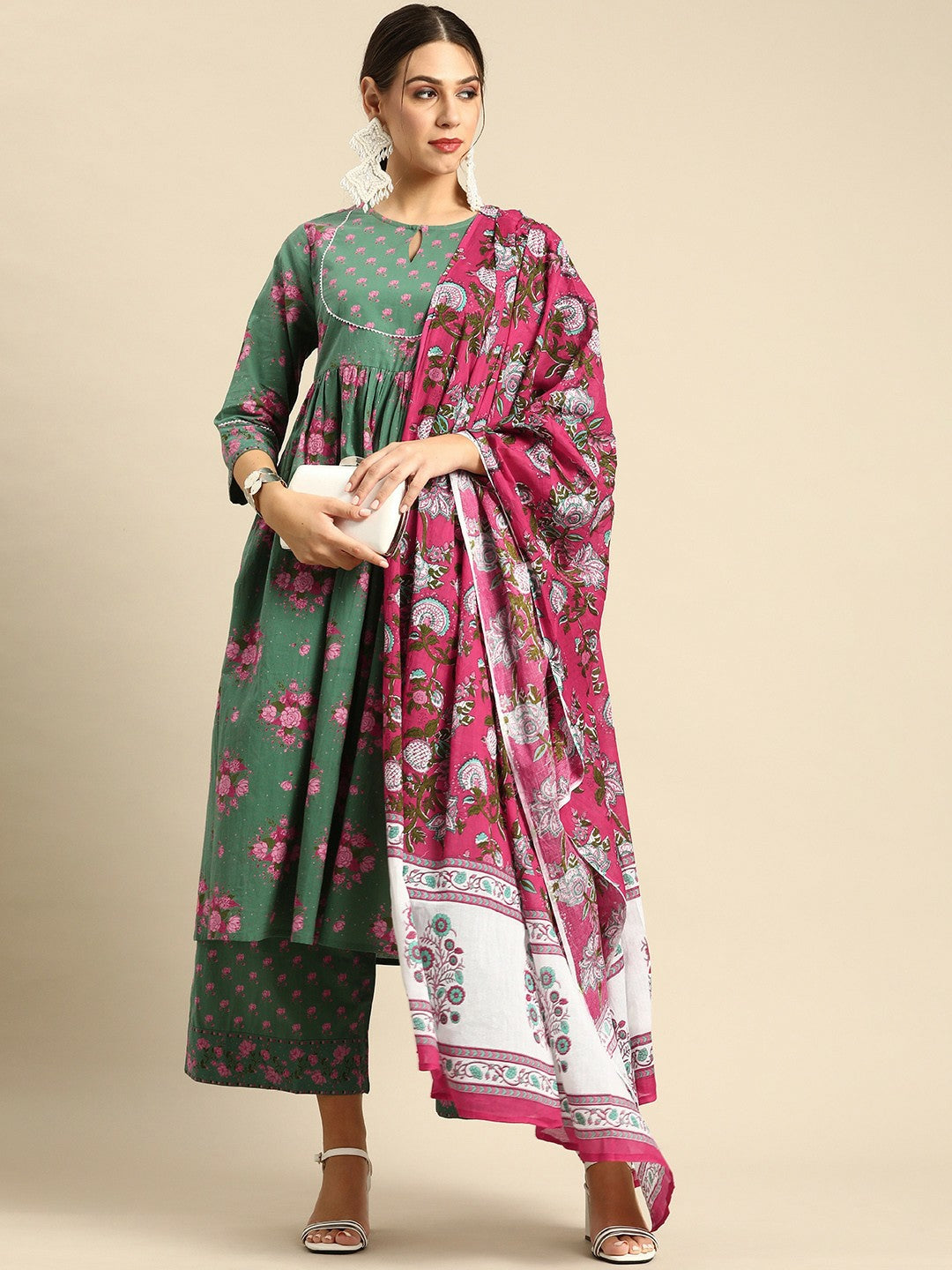 Women’s Green & Pink Floral Printed Cotton Kurta Set with Palazzos & Dupatta - Indiaista