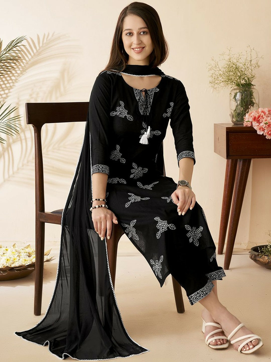 Women’s Black Floral Embroidered Cotton Kurta Set with Trousers & Dupatta - Indiaista