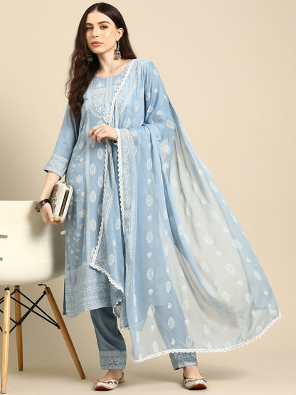 Women’s Blue Floral Foil Printed Kurta Set with Trousers & Dupatta | Indiaista