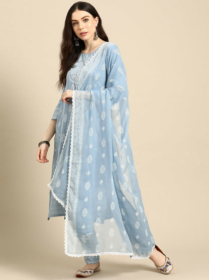 Women’s Blue Floral Foil Printed Kurta Set with Trousers & Dupatta | Indiaista