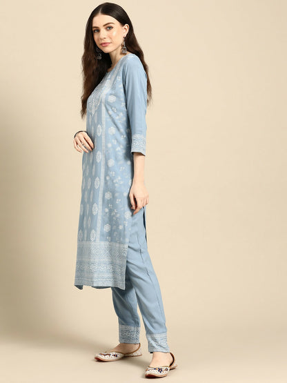 Women’s Blue Floral Foil Printed Kurta Set with Trousers & Dupatta | Indiaista