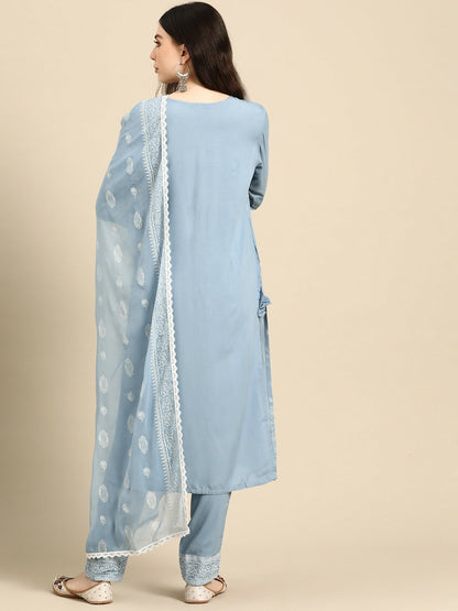 Women’s Blue Floral Foil Printed Kurta Set with Trousers & Dupatta | Indiaista