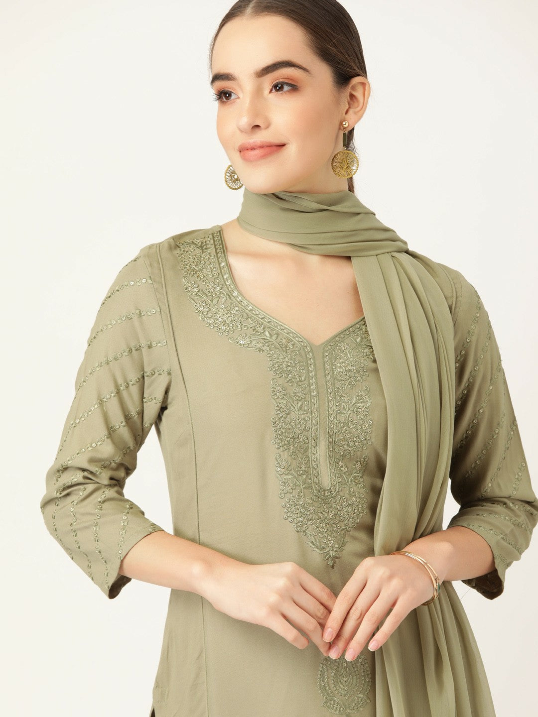 Women Olive Green Ethnic Motifs Yoke Design Kurta Set with Palazzos & Dupatta | Indiaista