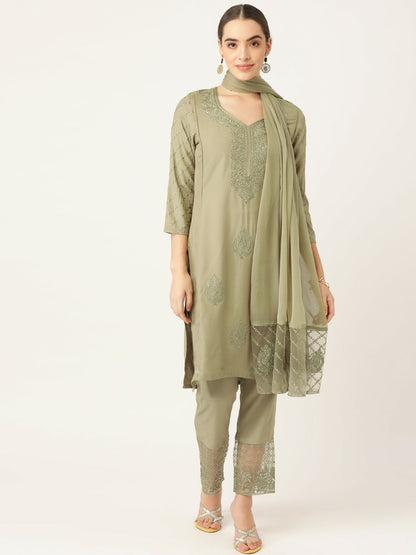 Women Olive Green Ethnic Motifs Yoke Design Kurta Set with Palazzos & Dupatta | Indiaista