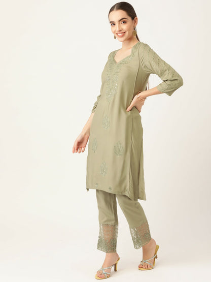 Women Olive Green Ethnic Motifs Yoke Design Kurta Set with Palazzos & Dupatta | Indiaista