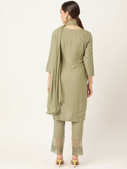 Women Olive Green Ethnic Motifs Yoke Design Kurta Set with Palazzos & Dupatta | Indiaista