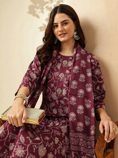 Women’s Floral Printed Cotton Kurta Set with Trousers & Dupatta – Magenta | Indiaista