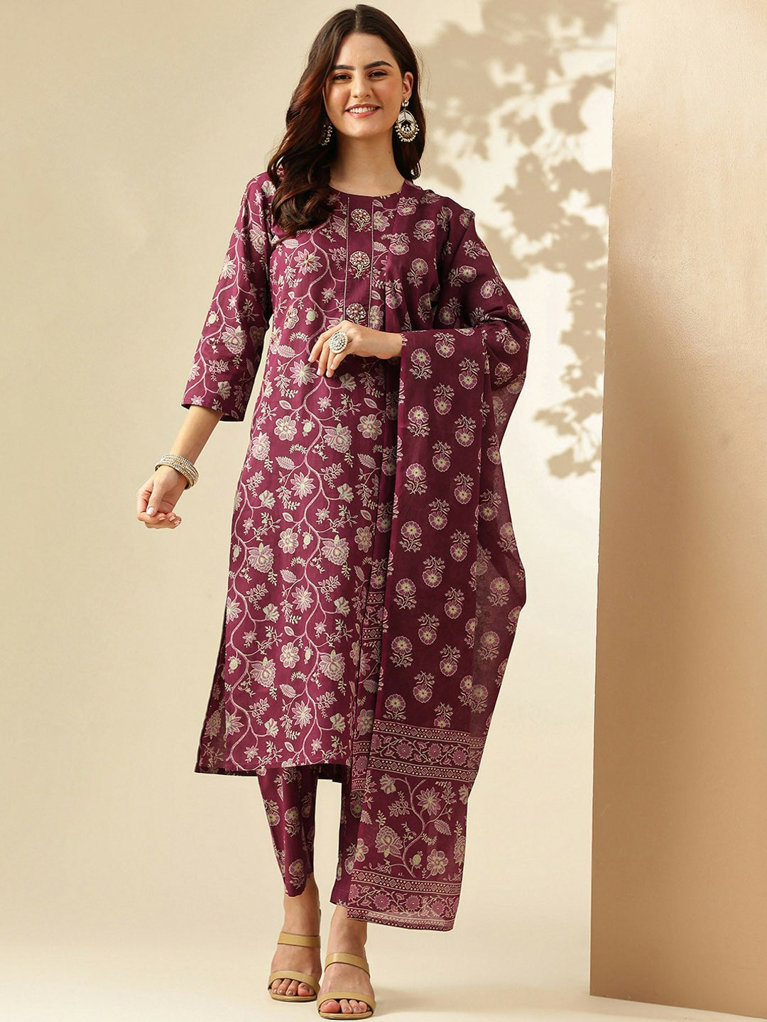 Women’s Floral Printed Cotton Kurta Set with Trousers & Dupatta – Magenta | Indiaista