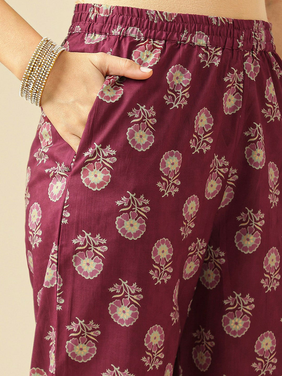 Women’s Floral Printed Cotton Kurta Set with Trousers & Dupatta – Magenta | Indiaista