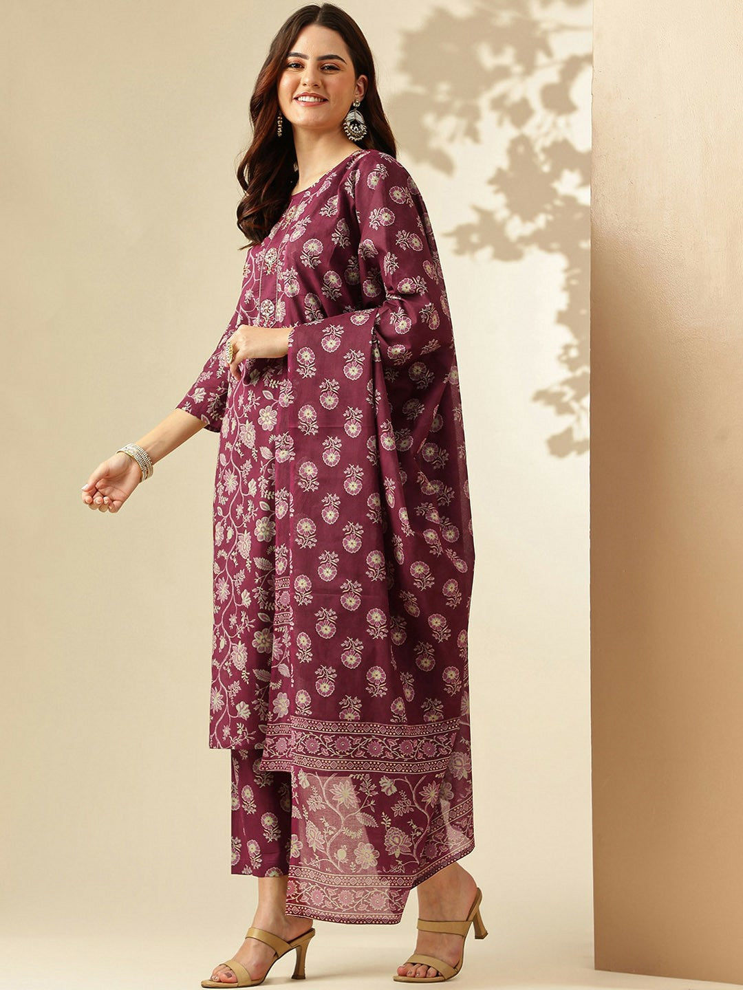 Women’s Floral Printed Cotton Kurta Set with Trousers & Dupatta – Magenta | Indiaista