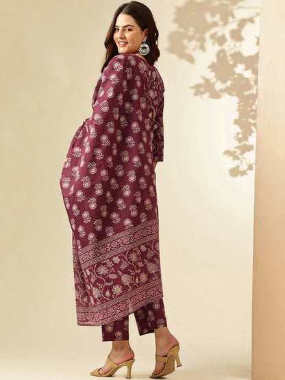 Women’s Floral Printed Cotton Kurta Set with Trousers & Dupatta – Magenta | Indiaista