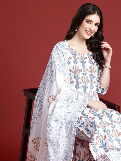 Women's Floral Printed Pure Cotton Kurta Set with Trousers & Dupatta - White | IndiaIsta