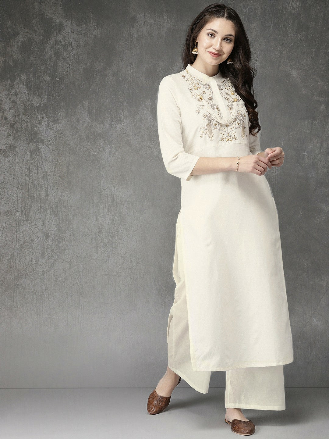 Buy Women’s Cream-Coloured Embroidered Kurta with Palazzos | Stylish & Comfortable Kurta Set – IndiaIsta