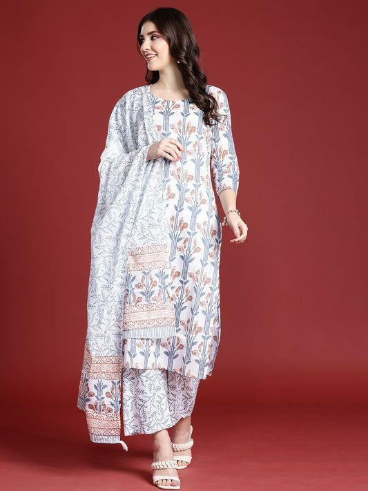 Women's Floral Printed Pure Cotton Kurta Set with Trousers & Dupatta - White | IndiaIsta