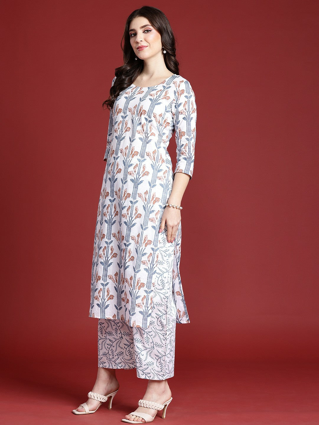 Women's Floral Printed Pure Cotton Kurta Set with Trousers & Dupatta - White | IndiaIsta