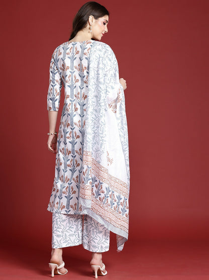 Women's Floral Printed Pure Cotton Kurta Set with Trousers & Dupatta - White | IndiaIsta