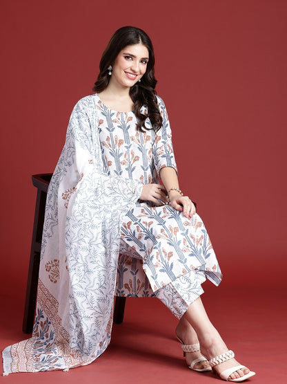 Women's Floral Printed Pure Cotton Kurta Set with Trousers & Dupatta - White | IndiaIsta