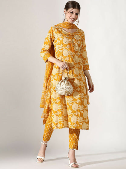 Mustard Yellow Floral Printed Pure Cotton Kurta Set with Trousers & Dupatta – Indiaista