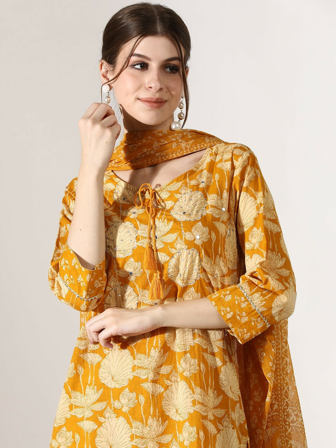 Mustard Yellow Floral Printed Pure Cotton Kurta Set with Trousers & Dupatta – Indiaista