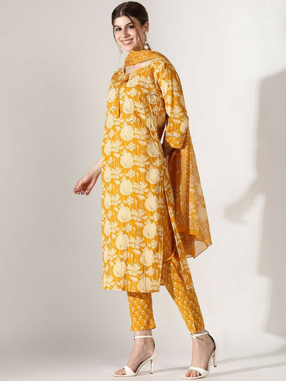 Mustard Yellow Floral Printed Pure Cotton Kurta Set with Trousers & Dupatta – Indiaista