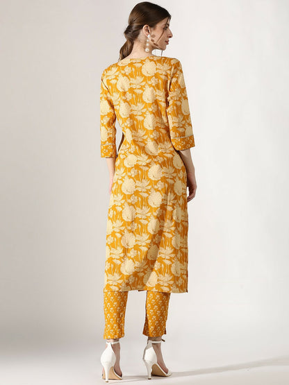 Mustard Yellow Floral Printed Pure Cotton Kurta Set with Trousers & Dupatta – Indiaista