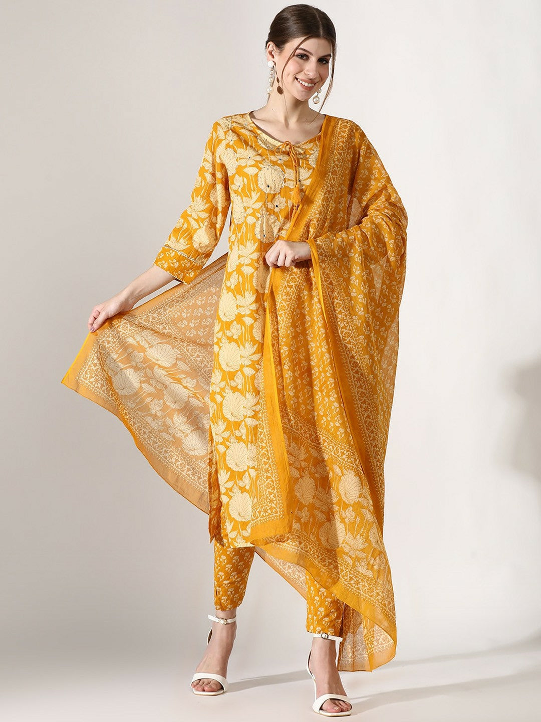 Mustard Yellow Floral Printed Pure Cotton Kurta Set with Trousers & Dupatta – Indiaista