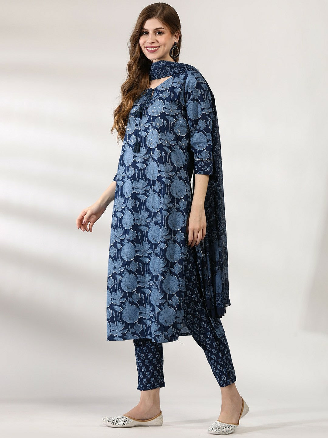 Women's Navy Blue Floral Embroidered Pure Cotton Kurta Set with Trousers & Dupatta - Indiaista