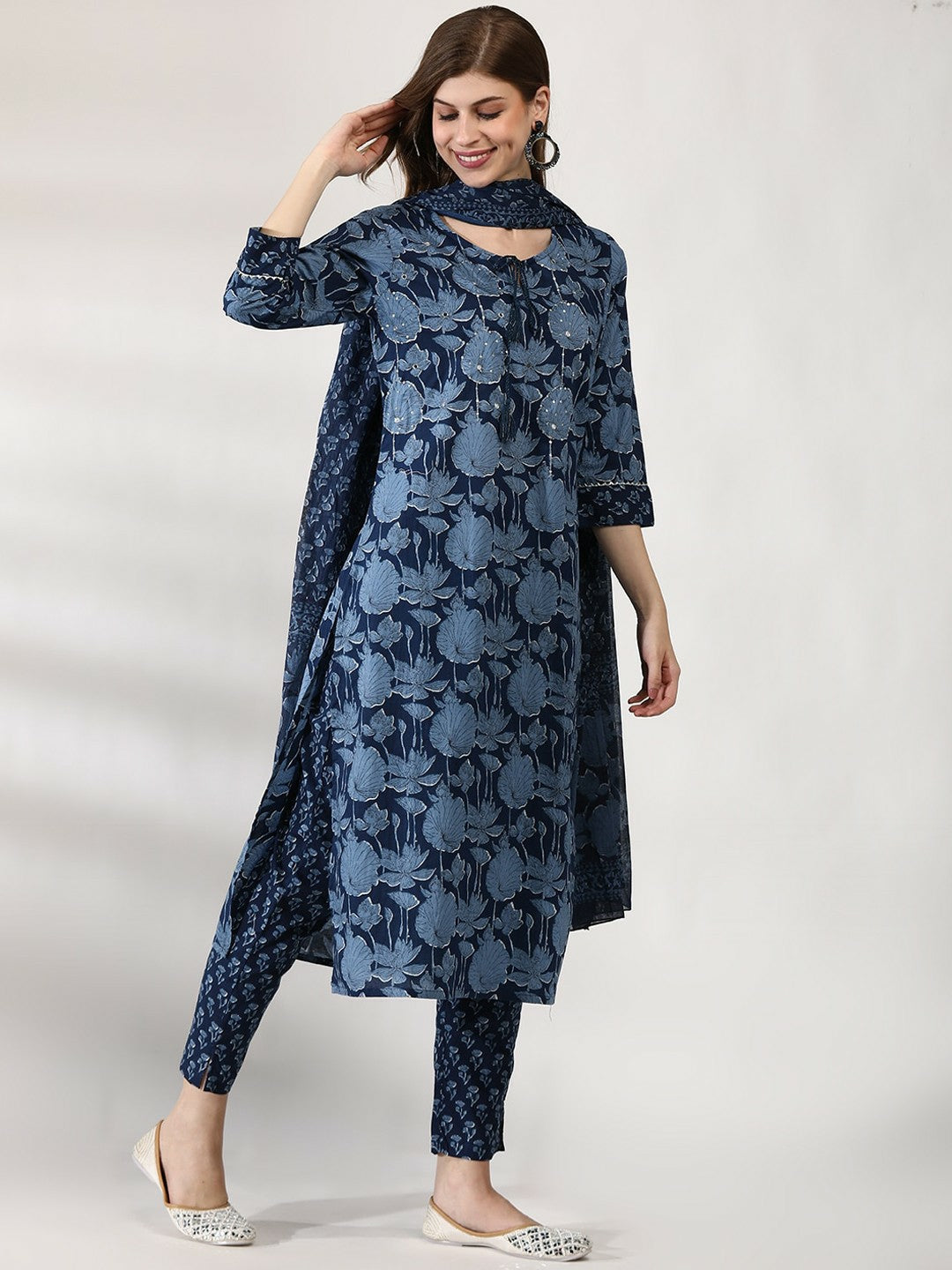 Women's Navy Blue Floral Embroidered Pure Cotton Kurta Set with Trousers & Dupatta - Indiaista