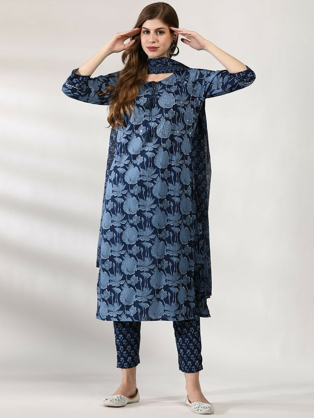 Women's Navy Blue Floral Embroidered Pure Cotton Kurta Set with Trousers & Dupatta - Indiaista