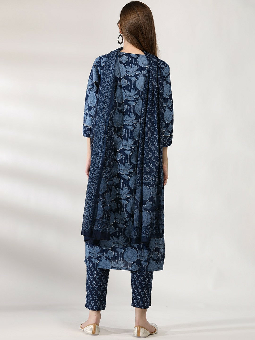 Women's Navy Blue Floral Embroidered Pure Cotton Kurta Set with Trousers & Dupatta - Indiaista