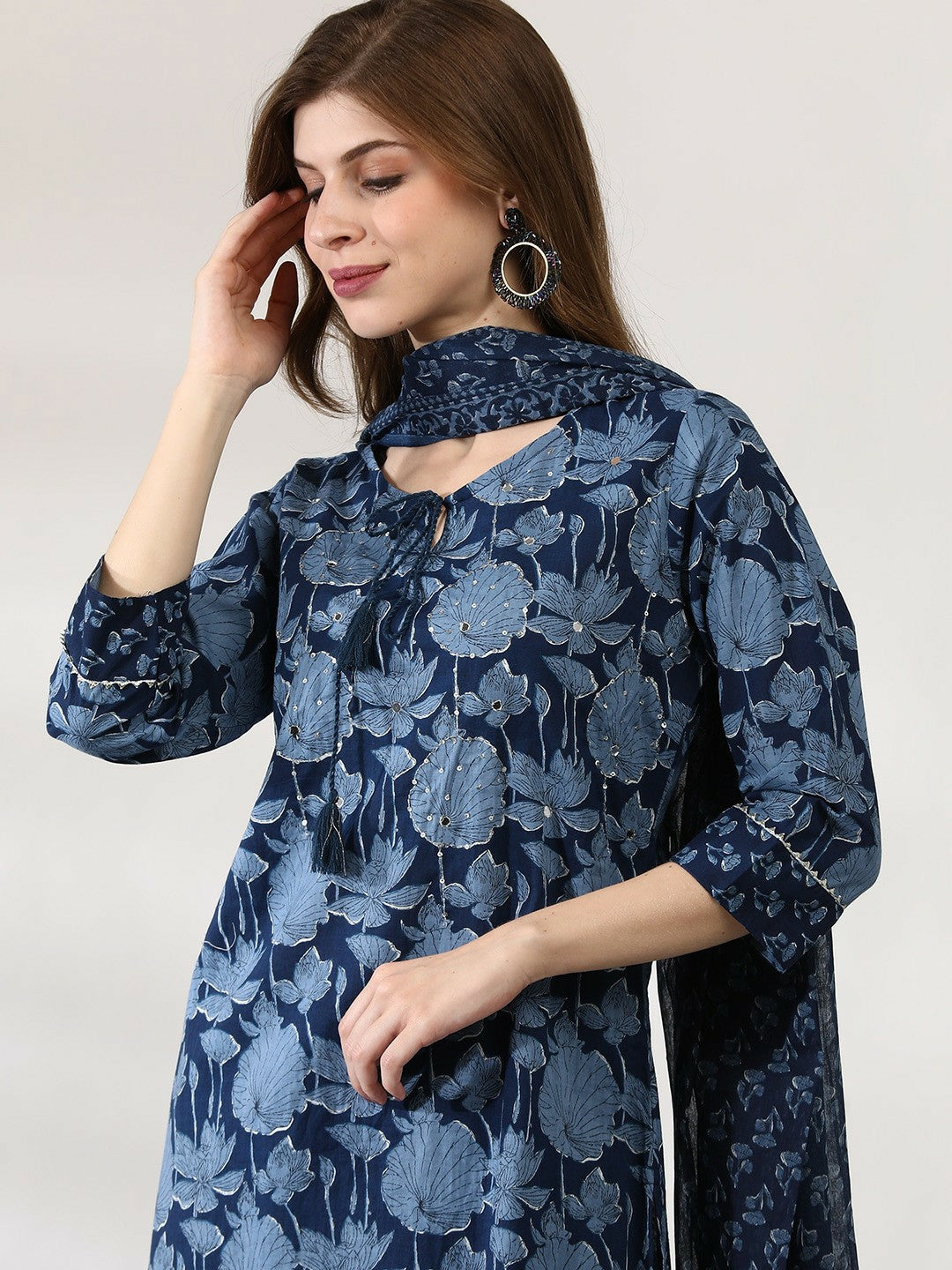 Women's Navy Blue Floral Embroidered Pure Cotton Kurta Set with Trousers & Dupatta - Indiaista